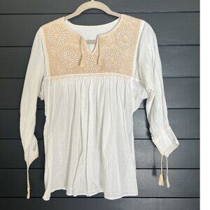 White Cotton Embroidered Floral Peasant Top